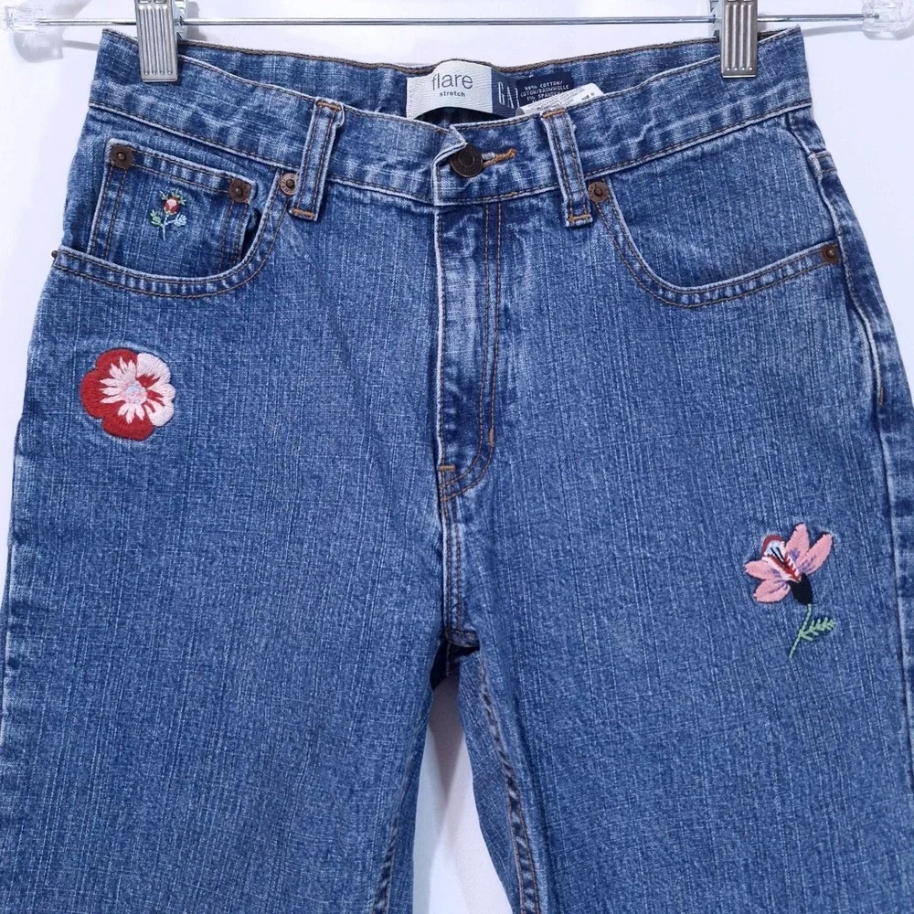 Vtg Gap Kids Floral Embroidered Flare Stretch Jeans Girls 14 Adjustable Blue Y2K